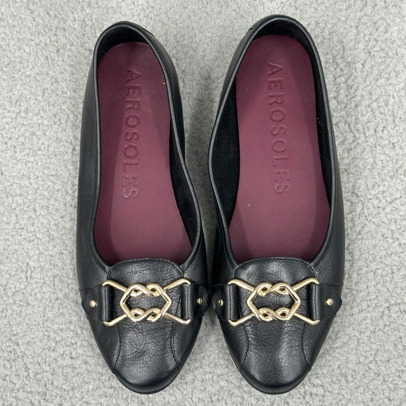 Aerosoles Black Leather Ballet‎ Flats Size 9.5 Gold Hardware Detail Capsule - Picture 4 of 11